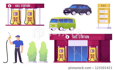 Gas station equipment vector flat set, cartoon building, refueler worker with pump hose gun, price board, fuel tank car 123301421