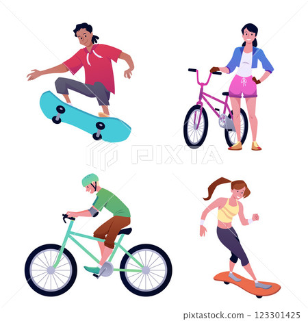 Boys and girls riding bicycle, skateboard or longboard, vector cartoon extreme sport, teenager street activity lifestyle Boys and girls riding bicycle, skateboard or longboard, vector cartoon extreme sport, teenager street activity lifestyle 123301425