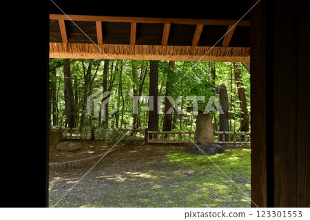 Golden Week, view of the fresh green garden from the Shimozashiki tree at the Hirata Family Residence in Kobuchisawa, Hokuto City, Yamanashi Prefecture 123301553