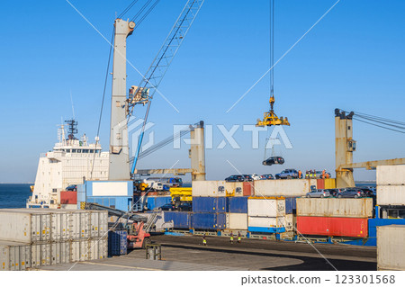 Large port crane loading car onto bulk carrier at shipping port. Colorful shipping containers stacked, ship-to-shore crane, shipment, reach stacker in operation, vehicles on top of freight containers 123301568