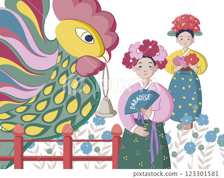 Traditional Korean funeral culture. The final friends and guides on the journey to the afterlife. Vector illustration from the 'Kkokdu' series. 123301581