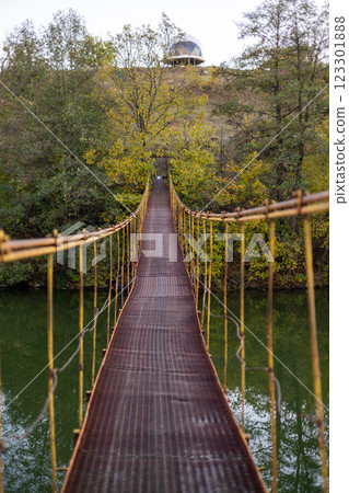 A narrow suspension bridge stretches through a lush autumn forest, surrounded by yellow leaves. The rusty metal path, covered with fallen leaves, leads into the distance, creating a mysterious. 123301888