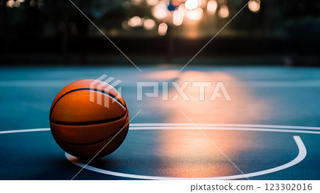 Basketball court and ball at sunset 123302016