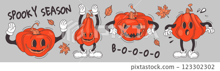 Groovy pumpkin characters with different emotions. Groovy pumpkin characters with different emotions. 123302302