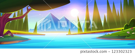 Cartoon forest scene with lake among trees Cartoon forest scene with lake among trees 123302323