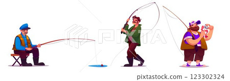 Fisherman cartoon set - men with fishing rods. 123302324