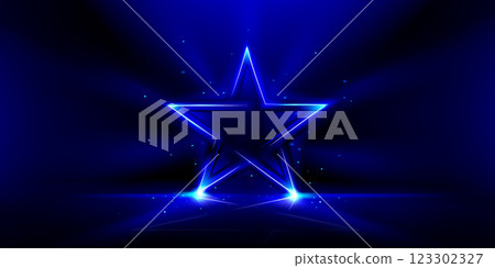 Neon blue glowing star shape on dark background. Neon blue glowing star shape on dark background. 123302327