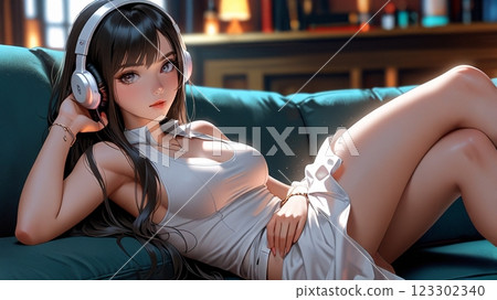 Illustration of a beautiful woman listening to music in a hotel 123302340