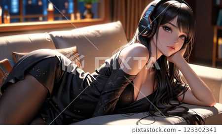 Illustration of a beautiful woman listening to music in a hotel 123302341