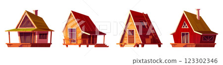 Log cabin set with wooden structures. Log cabin set with wooden structures. 123302346