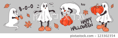 Groovy ghost characters in playful Halloween set. Groovy ghost characters in playful Halloween set. 123302354