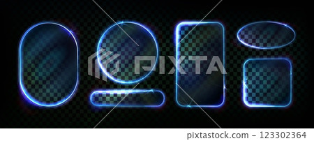 Blue neon light frames set on transparent 123302364