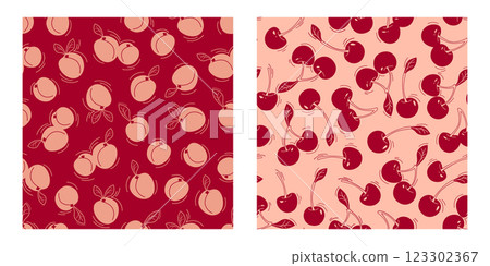 Seamless cherry and peach patterns set Seamless cherry and peach patterns set 123302367