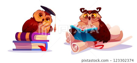 Cute owl characters studying 123302374