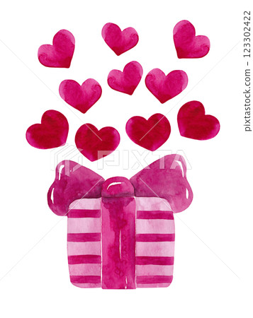 Striped gift box with a bow and a bunch of hearts. Hot pink watercolor. Card for your beloved girl. Perfect for your Women's Day design Striped gift box with a bow and a bunch of hearts. Hot pink watercolor. Card for your beloved girl. Perfect for your Women's Day design 123302422