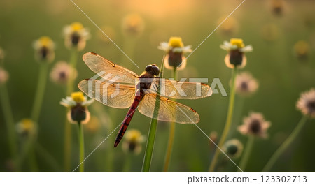 Dragonfly with Red Abdomen Perched on Grass Stem in Sunset Light 123302713