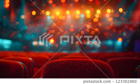 A vibrant cinema scene with blurred lights and red seats creates an inviting atmosphere. warm glow of background lights enhances cinematic experience, evoking excitement and anticipation 123302860