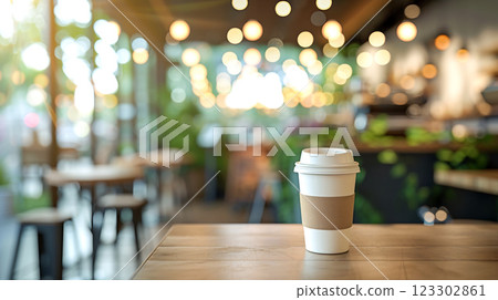 A warm coffee cup sits on wooden table, surrounded by cozy coffee shop atmosphere filled with soft, blurred lights and greenery, creating welcoming ambiance sustainability recycling 123302861