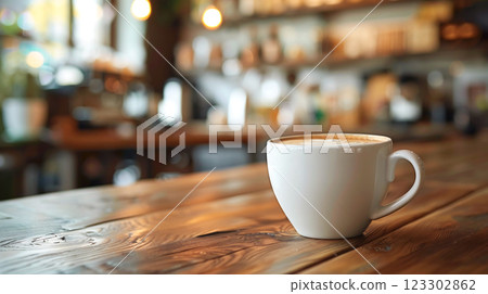 A warm cup of coffee sits on rustic wooden table, surrounded by cozy cafe atmosphere with blurred background elements. inviting scene evokes sense of comfort and relaxation 123302862