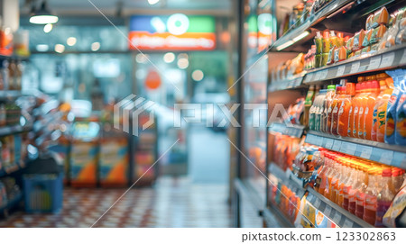 A vibrant convenience shop filled with colorful beverage bottles, creating lively atmosphere. blurred background adds depth, highlighting variety of drinks available 123302863
