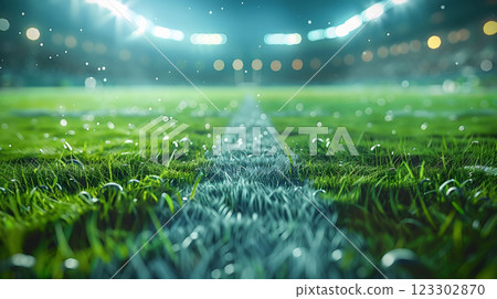 A vibrant football field with lush green grass and blurred background, illuminated by stadium lights, creates an energetic atmosphere. droplets of water add refreshing touch to scene 123302870