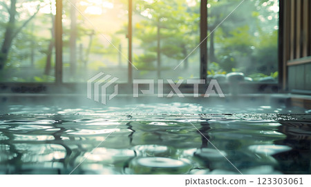 A serene onsen scene with steam rising from water, surrounded by lush greenery and soft sunlight filtering through large windows. tranquil atmosphere invites relaxation and peace 123303061