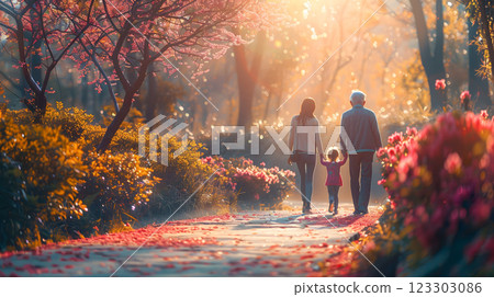 A family mother father and daughter walking strolls through vibrant, flower filled path, surrounded by blooming trees and warm sunlight. scene captures moment of joy and togetherness bonding happiness 123303086