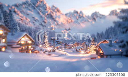 A picturesque winter scene featuring charming ski resort nestled in mountains, surrounded by snow covered trees and illuminated buildings. soft glow of lights creates warm and inviting atmosphere 123303100
