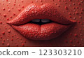 Close-up of beautiful aesthetic lips with red lipstick filled with decorative hearts around, sexy and sensual atmosphere 123303210