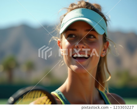 Close-up of a tennis player with a focused expression, preparing to serve at the Indian Wells Masters, with desert mountains in the background and bright sunlight. 123303227