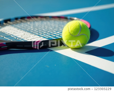 Close-up view of a tennis racket lying on a blue hardcourt, with clear white lines and sharp shadows on a bright sunny day. 123303229