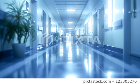 A serene hospital corridor with blurred background, featuring polished floors and soft lighting. atmosphere conveys sense of calm and cleanliness, ideal for healthcare settings A serene hospital corridor with blurred background, featuring polished floors and soft lighting. atmosphere conveys sense of calm and cleanliness, ideal for healthcare settings 123303270