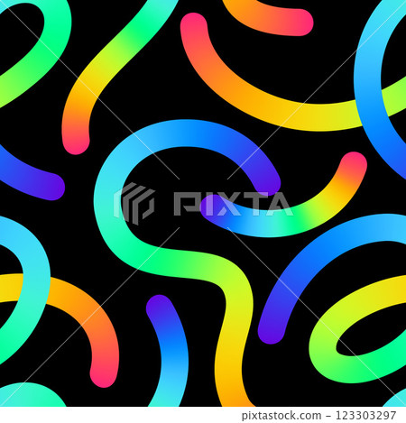 Abstract Design Featuring Vibrant Gradient Curved Lines on a Contrasting Black Background. Seamless Pattern Abstract Design Featuring Vibrant Gradient Curved Lines on a Contrasting Black Background. Seamless Pattern 123303297