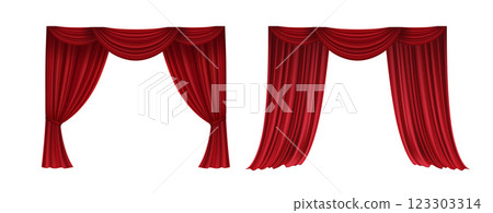 Realistic 3D Set of Red Velvet Theater Curtains Open and Closed Long and Short Top Borders Isolated on White Background 123303314