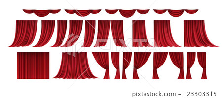 Realistic 3D Set of Red Velvet Theater Curtains Open and Closed Long and Short Top Borders Isolated on White Background 123303315