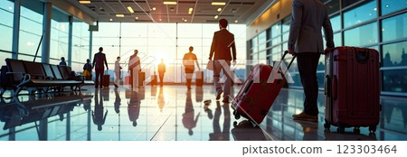 People with suitcases in the airport lounge - cargo control, baggage allowance and hand luggage parameters on the plane, security, check-in and delivery of personal belongings. AI generated 123303464