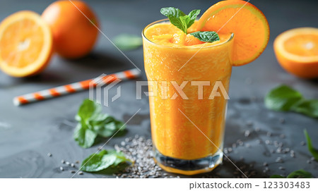 Refreshing orange smoothies in tall glasses garnished with mint and orange slices with salt indicating low sugar drink for healthy wellness lifestyle, tropical summer fruit beverage nutritious rich 123303483