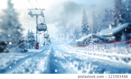 winter scene of ski resort with snow covered slopes chairlift in blurred background, tree mountain landscape skiing snowflakes path leisure travel adventure scenic weather holiday sport recreation 123303486