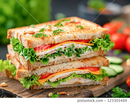 Freshly sliced healthy sandwich bread stacked with layers of lettuce tomato vegetables cheese turkey chicken on wooden board for healthy meal food snack gourmet breakfast lunch, delicious ingredient 123303489
