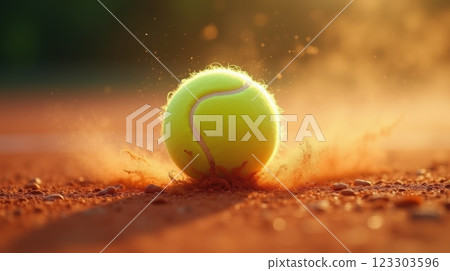 Tennis ball hitting the clay court, with a small dust cloud rising from the impact, creating an intense sports moment under warm sunlight. 123303596