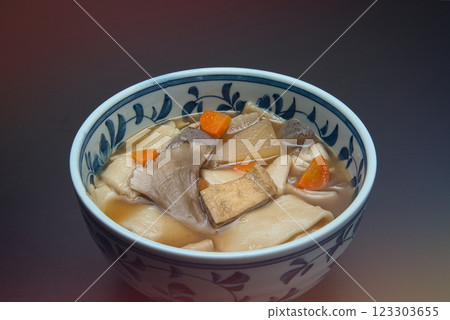 Enjoy warm Himokawa Udon noodles stewed with root vegetables during the cold winter. Enjoy warm Himokawa Udon noodles stewed with root vegetables during the cold winter. 123303655