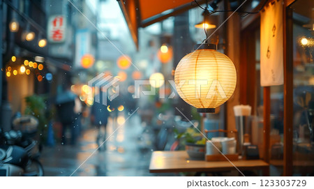 cozy local ramen shop illuminated by glowing lantern street blurred background warm lights in rainy day, urban food restaurant city Japanese outdoor dining night culture traditional market nightlife 123303729