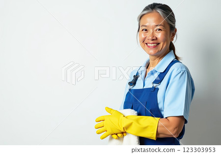 Portrait adult Asian Woman in blue apron and yellow rubber gloves with rag in his hand near white wall with free place for text, window cleaning service, house cleaning, maid. AI generated 123303953