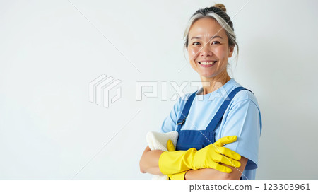 Portrait adult Asian Woman in blue apron and yellow rubber gloves with rag in his hand near white wall with free place for text, window cleaning service, house cleaning, maid. AI generated 123303961