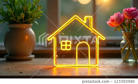Transparent gold luminous symbol of house a table with a spring blooming sunny background. Real estate, realtor, mortgage, insurance, booking, construction, insulation. AI generated 123303980