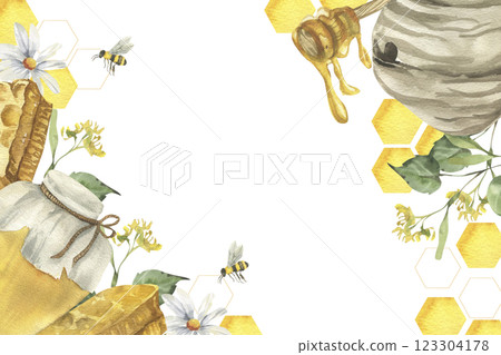 Honey jar,yellow combs and pieces, flying bees decorated by combs watercolor banner template. Isolated frame with copy space for organic food shop label, logo, packing design Honey jar,yellow combs and pieces, flying bees decorated by combs watercolor banner template. Isolated frame with copy space for organic food shop label, logo, packing design 123304178