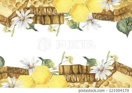 Sweet honey combs in watercolor banner template with white daisy flowers and green linden illustration. Isolated organic food frame, yellow hexagon combs for menu, label, logo, poster design Sweet honey combs in watercolor banner template with white daisy flowers and green linden illustration. Isolated organic food frame, yellow hexagon combs for menu, label, logo, poster design 123304179