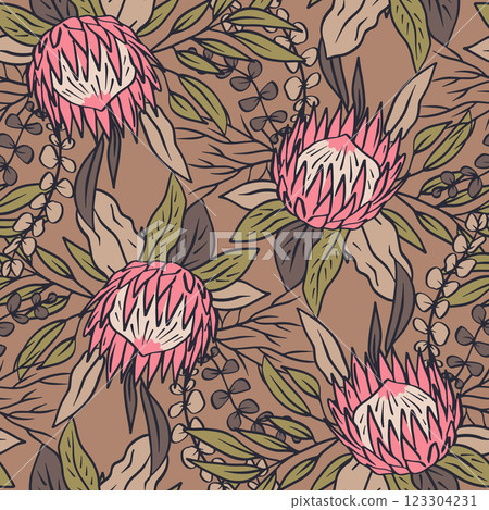 Seamless pattern with hand drawn protea flowers on brown background Seamless pattern with hand drawn protea flowers on brown background 123304231