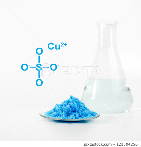 Copper(II) sulfate with molecular structure. Chemical ingredient used in medical and public health issues. 123304256