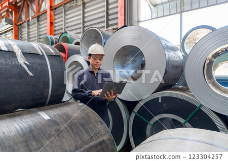 A man in a hardhat and mechanic coverall dust protection suit checks laptop computer within the metal sheet factory. Steel sheet roll stack are in the working area. 123304257